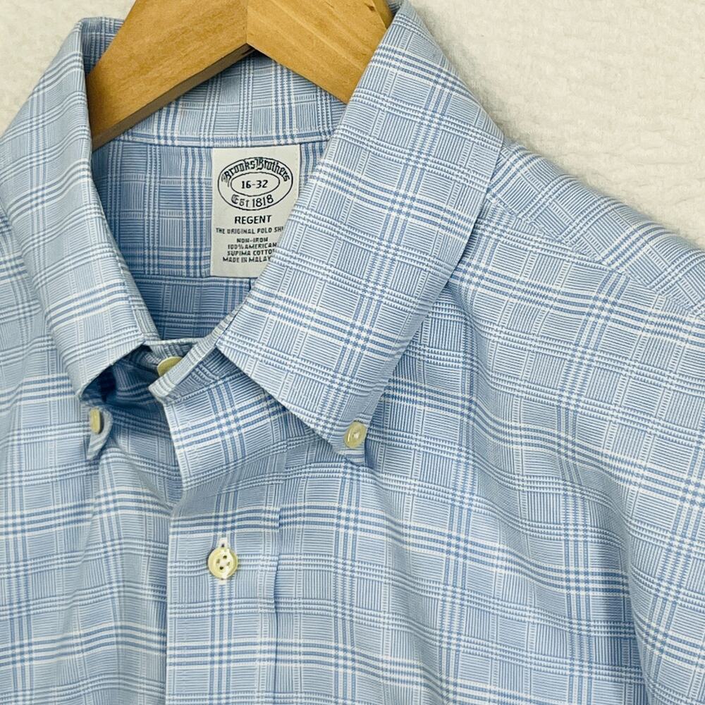 BROOKS BROTHERS Shirt Mens 16 32 REGENT Dress Non Iron Glen Check Cotton Blue